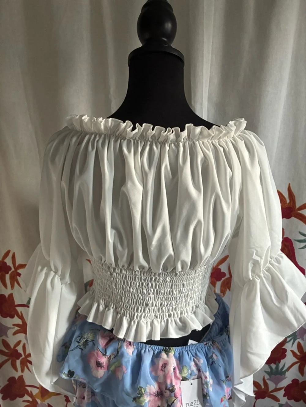 White Smocked Renaissance Peasant Blouse Lace Up with Sleeves XL - Picture 5 of 10